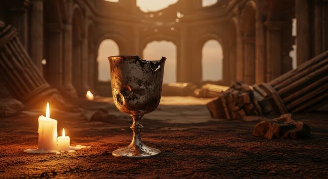 Ancient broken chalice with burning candles in ruined temple sanctuary, mystical atmosphere, dramatic lighting