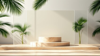 Fototapeta premium Minimalist stage design. Beige platforms, palm leaves, light shadows create serene presentation space. Clean aesthetic.