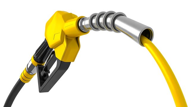 Yellow fuel pump nozzle with hose isolated on white background for gasoline energy and transportation concept