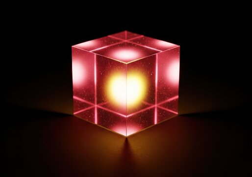 Glowing red cube with a bright yellow light source at its center, isolated on a black background