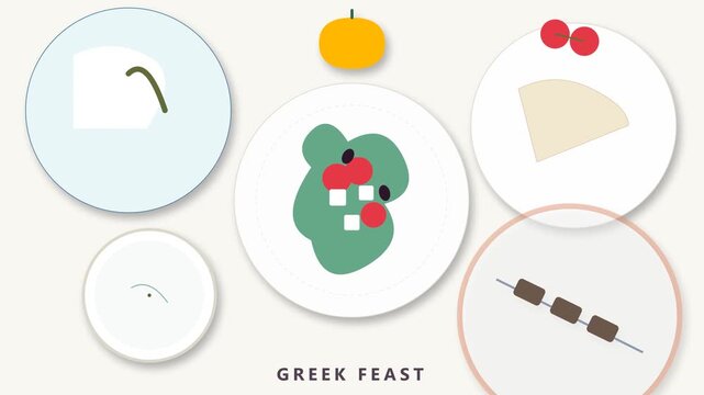 Vibrant Greek feast illustration set with festive food icons and decorative elements