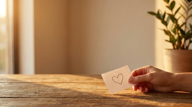 Emotional Gesture, Heart Drawing, Cozy Room, Photography, Warm Lighting, Close-Up, Connection