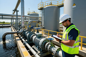 Fototapeta premium Pro male engineer wears safety helmet, reflective vest inspecting industrial water pump system at waste treatment facility. Expert technician checks equipment pipelines tanks, outdoor filtration