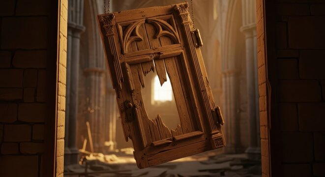 Ancient broken wooden door hanging precariously in a dilapidated stone building, illuminated by ethereal light