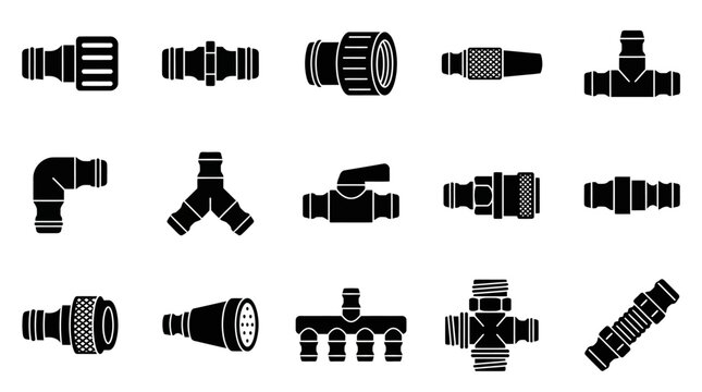 Minimalist Black and White Icon Set of Various Pipe Fittings and Plumbing Connectors for Design Projects