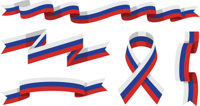 Russia Flag Ribbon Vector Set with Waving Banners, Loops, and National Tricolor Streamers for Patriotic Celebrations, Independence Day, and Sovereign Events