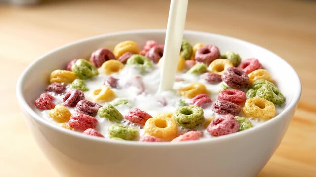 Bowl sized colored cereal rings breakfast ingredients, colored cereal rings poured into cows
