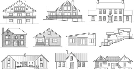 Fototapeta premium Residential House Facade Elevation Outline Vector Collection with Modern and Traditional Home Designs