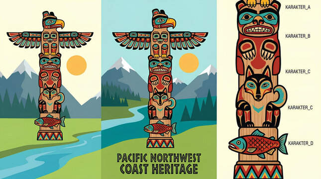 Pacific Northwest Coast Heritage totem pole graphic illustrations.