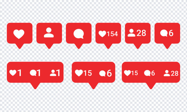 Social media notification icons likes comments followers speech bubbles red background.