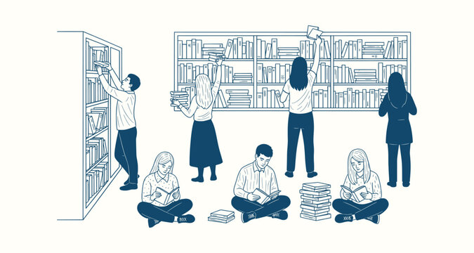 People Studying and Reading Books in a Library Illustration Line Art Vector for Education Concept
