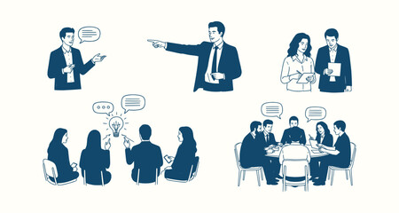 Fototapeta premium Business people collaboration and leadership illustration set for meetings brainstorming and ideas.