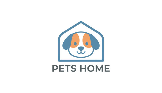 Minimalist pets home logo design featuring a cute puppy illustration inside the outline of a simple house shape.