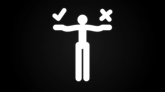White stick figure with check mark and cross icon on black background, representing decision making, right or wrong, and choice evaluation motion graphic.