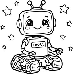 Naklejka premium Cute cartoon robot with tank treads and stars for children coloring page illustration in black and white