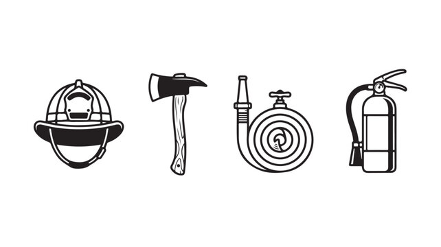 Set of four firefighter tools and equipment vector illustration including axe and hose