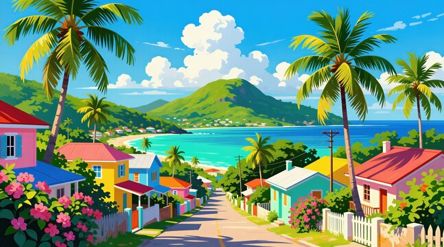 Colorful caribbean street leads to sandy beach with turquoise ocean water. Rich green mountain hills rise above tropical bay landscape. Bright sunlit homes sit near palm trees under blue sky with