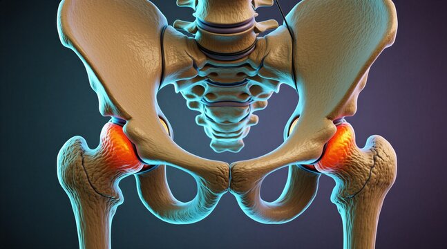 Anatomical 3D model of human hip joints shows inflammation and pain. Skeletal structure displays femur head within acetabulum indicating potential joint issues and discomfort.