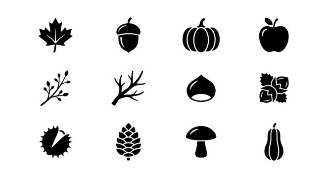 Autumn Harvest Icons, Fall Season Symbols, Seasonal Elements, Vector Set