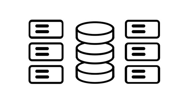 A black and white line icon showing rows of server racks alongside a stacked database cylinder representing data storage systems within a modern data