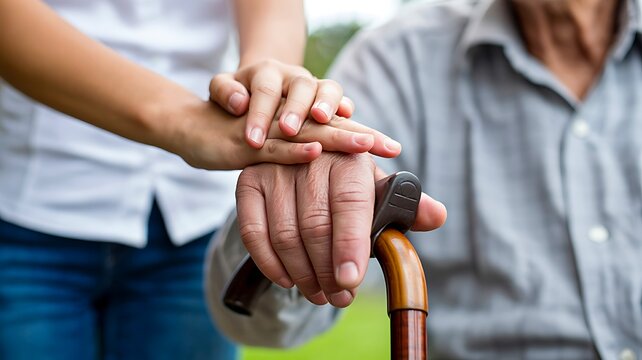 Caregiver holding senior person hand with walking cane representing elderly care support compassion and assistance