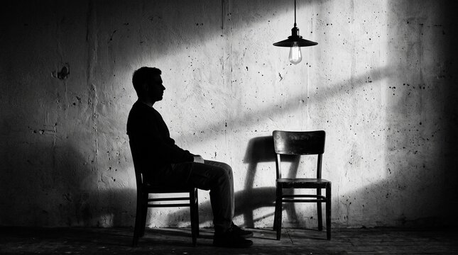 Cinematic Black and White Silhouette of Man Seated in Interrogation Room