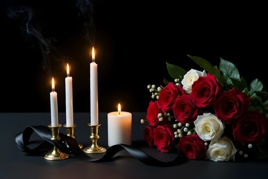 Trauer Stillleben mit Kerzenleuchtern Rosen und Kerzenlicht