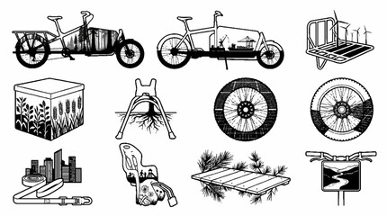 Obraz premium Collection of hand drawn bicycle components and cargo bike illustrations.