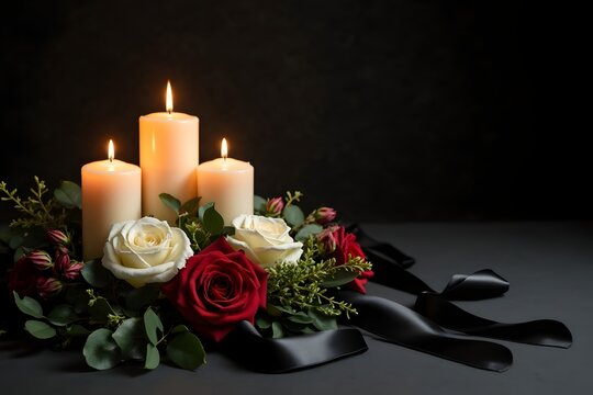Trauer Kerzen mit Rosen und schwarzer Schleife