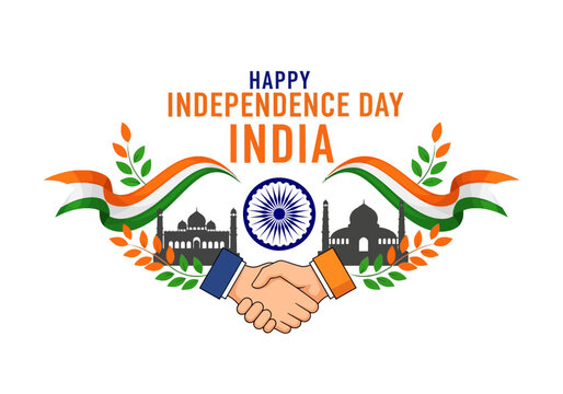 Happy Independence Day India Greeting with Taj Mahal & Handshake