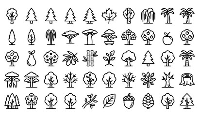 Set of various tree icons including coniferous deciduous palm and fruit trees in a simple line style © Md
