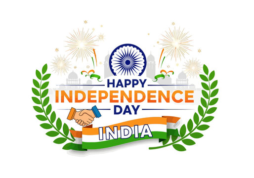 Happy Independence Day India: Handshake, Flag, Fireworks, Wreath, Emblem