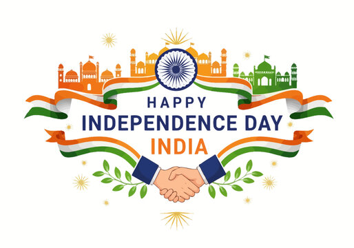 Happy Independence Day India: Handshake, Tricolor Flag, Monuments, Festive Celebration