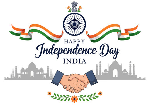 Happy Independence Day India: Handshake, Tricolor Ribbon, Ashoka Chakra & Monuments