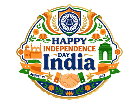 Happy Independence Day India Logo - Emblem with Landmarks, Ashoka Chakra