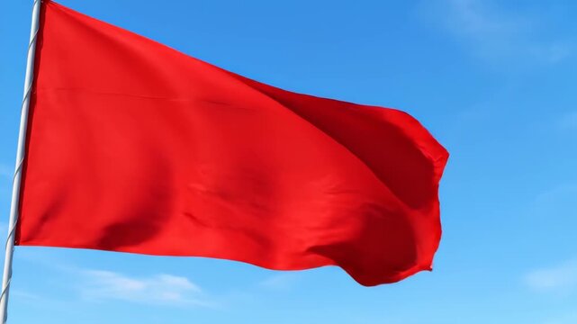 Red flags flying against a blue sky background, red flags flying
