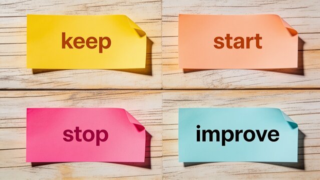 Bright motivational sticky notes with keep start stop improve action words on plain background