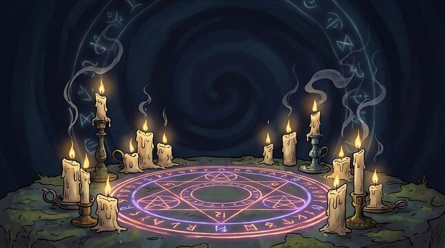 Mystical ritual circle with candles in dark stone cave.