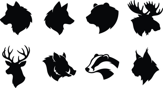 Set of wild animal head silhouette icons including wolf bear moose deer and boar for creative projects