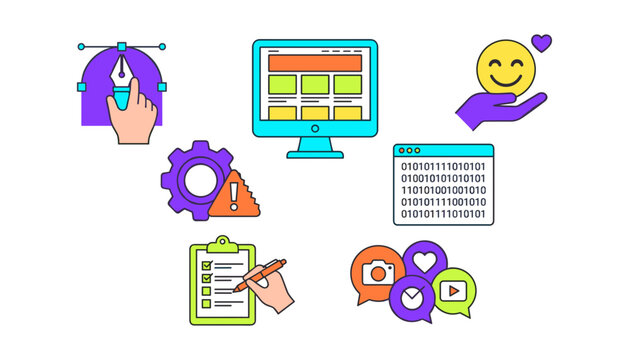 Icons Representing Technology, Design, and Communication Concepts Featuring Digital, Computer, Coding with Software