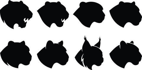 Set of wild cat and predatory animal head silhouette icons for creative design projects © MstSabina