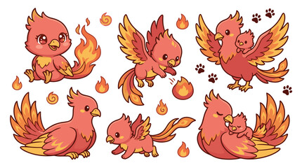 Obraz premium Set of fire phoenix birds in different poses, mythology creature collection, red and orange flame texture, fantasy elements for game design