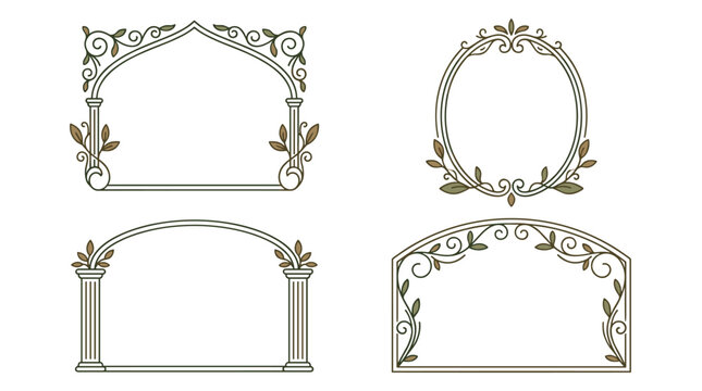 Set of decorative floral frames and borders with botanical vines, elegant wedding invitation elements, rustic garden foliage, dividers, page headers