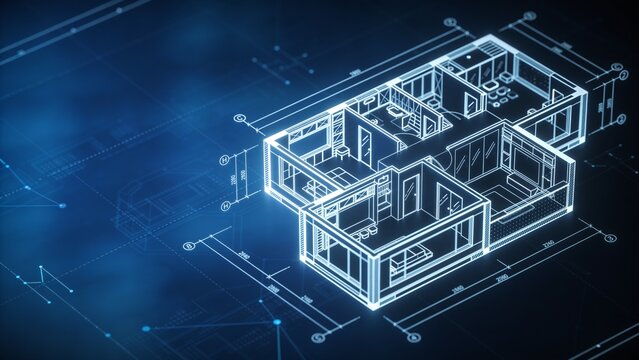 Futuristic 3D architectural rendering of modular data center facility with glowing network connections