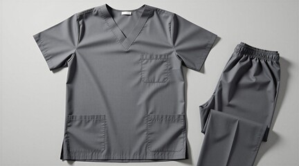 Naklejka na ściany i meble Top view of grey medical scrub set with V neck shirt, pants. Blank apparel for hospital staff uniform branding design mockup. Professional healthcare worker clothes isolated on white background.