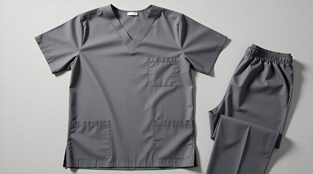 Top view of grey medical scrub set with V neck shirt, pants. Blank apparel for hospital staff uniform branding design mockup. Professional healthcare worker clothes isolated on white background.