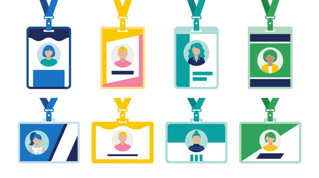 Collection of employee id badges and security pass templates, corporate staff identification cards, lanyard accessories, office access control system