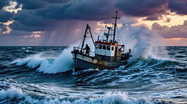 Small fishing boat sails through rough stormy ocean waves during dark twilight. Large ship struggles against turbulent water splashes heavy rain clouds gather overhead. Mariner works on deck under