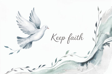 Fototapeta premium Elegant watercolor illustration of a dove in flight, inspirational message 'Keep faith', soft pastel colors and delicate foliage