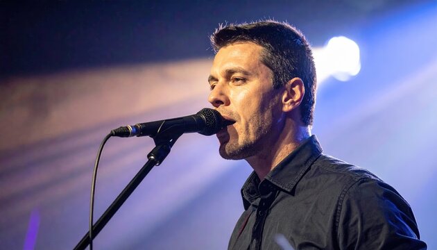 Musician singer performing on stage microphone spotlight